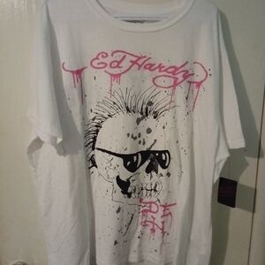 Ed Hardy White Tee with Skull and Pink Accents